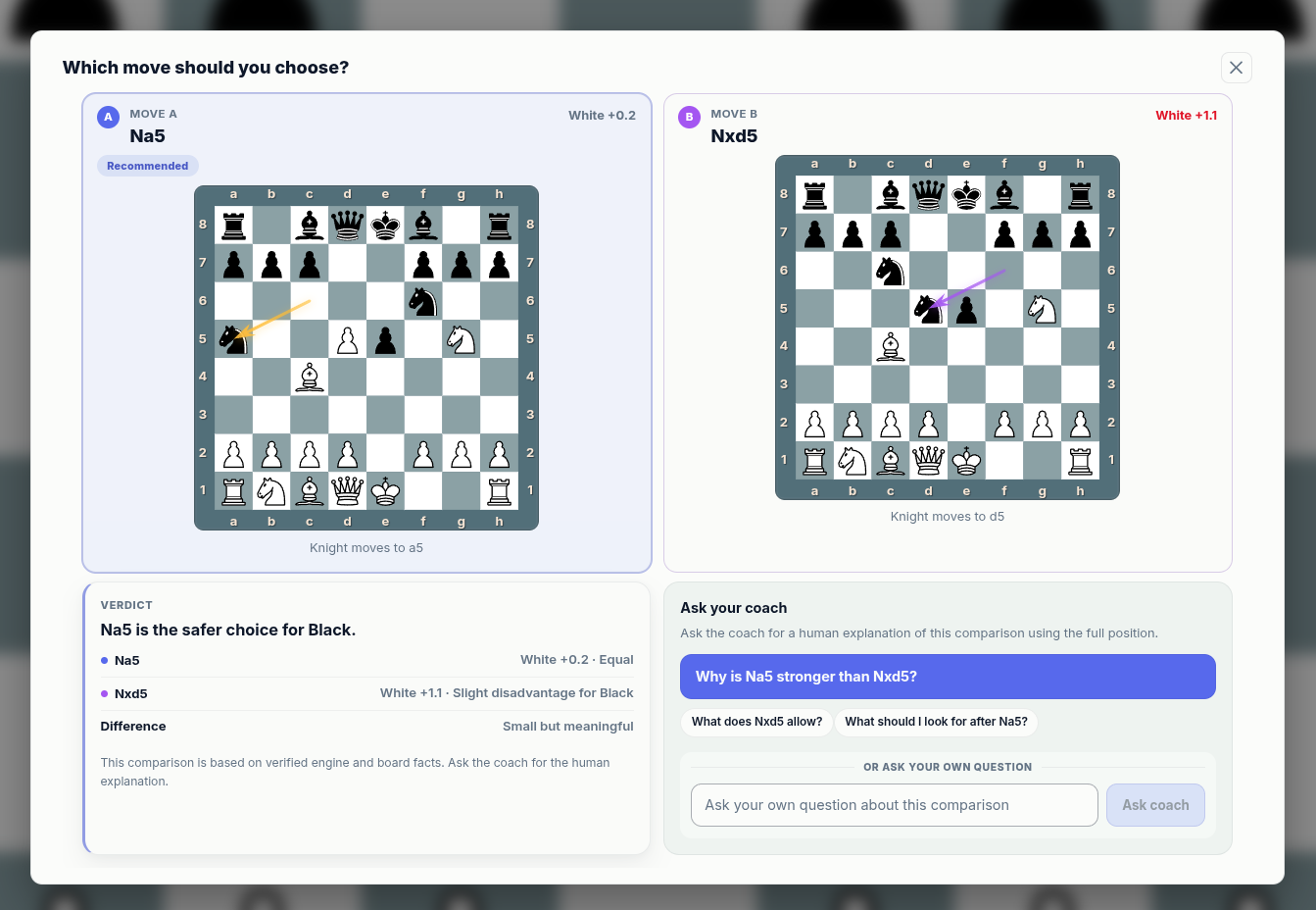 Chessfeed branch comparison screen comparing candidate chess moves from the same position