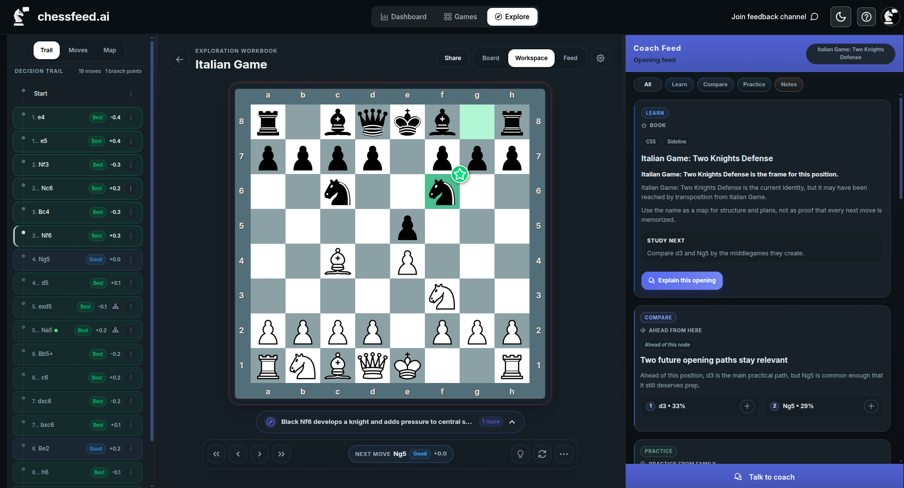 Chessfeed Study workspace showing a board, decision trail, and Board Feed