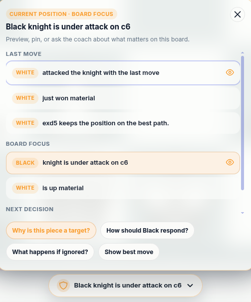 Chessfeed Insight Panel showing plans, threats, candidate moves, and next steps during position study