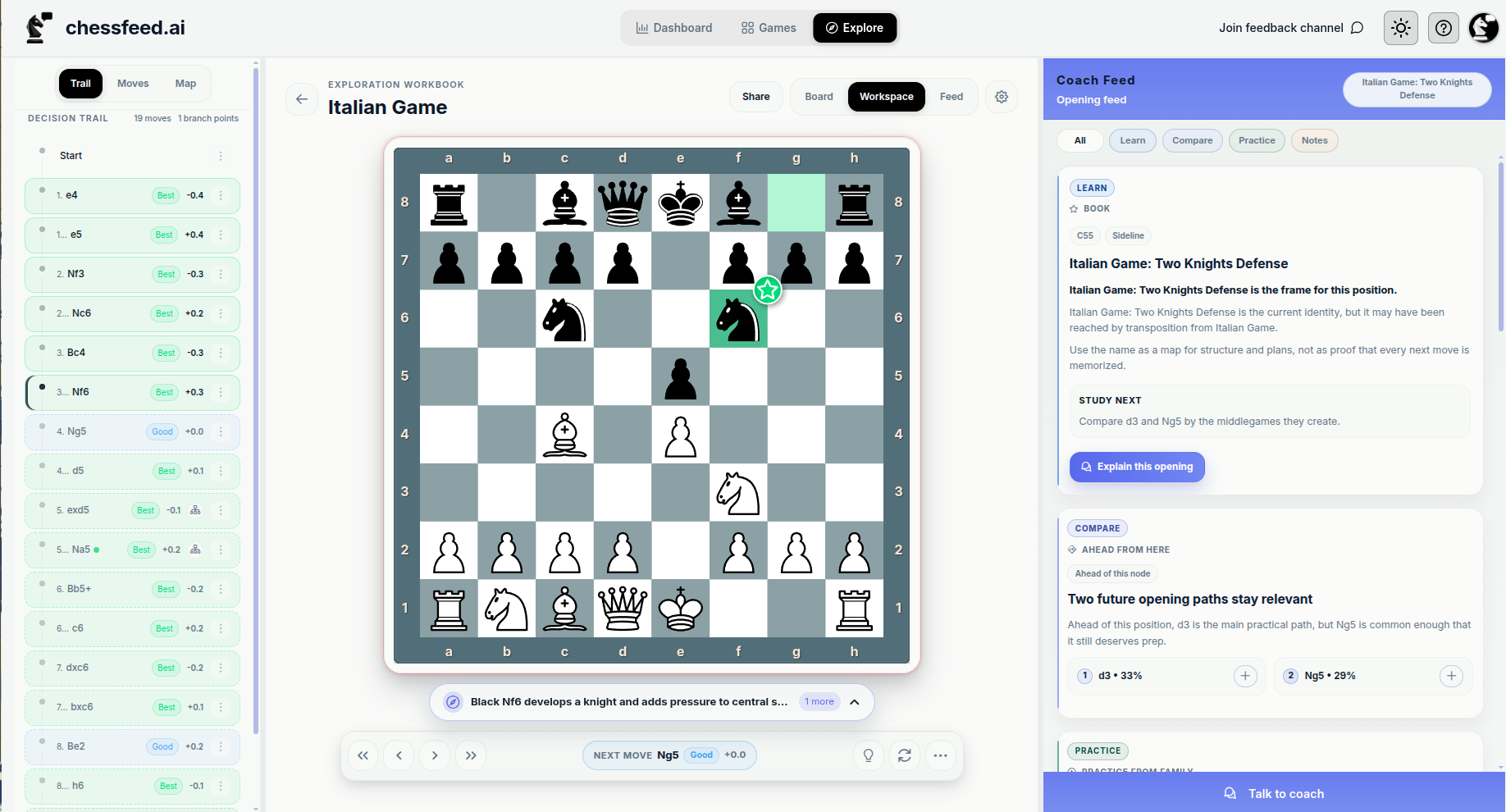 Chessfeed Study workspace showing a board, decision trail, and Board Feed