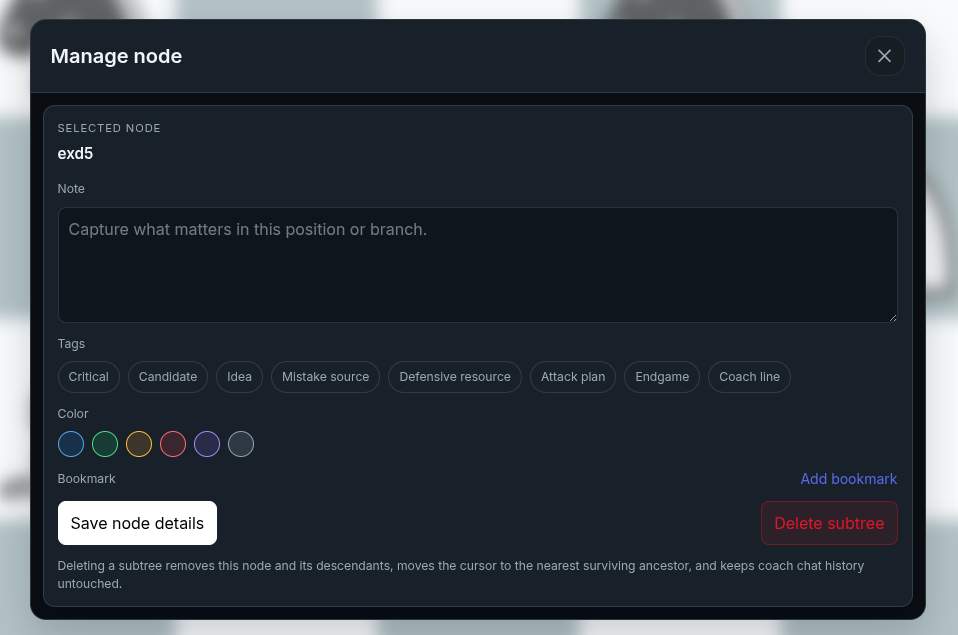 Chessfeed position management screen showing notes, tags, colors, and bookmarks for important positions