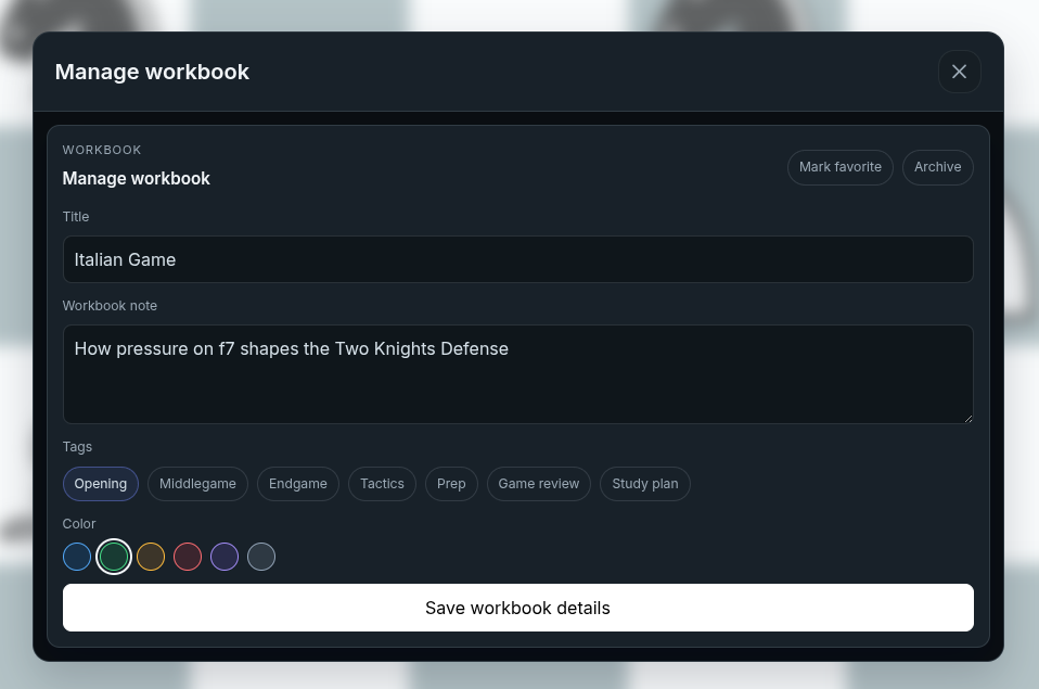 Chessfeed workbook management screen showing saved study context