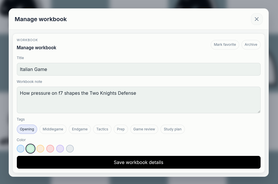 Chessfeed workbook management screen showing saved study context