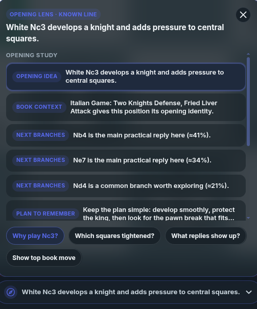 Chessfeed Opening Lens explaining Italian Game opening ideas on an exploration board