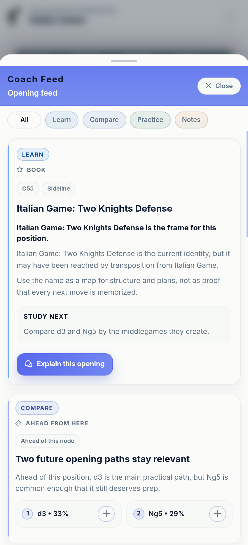 Chessfeed Study workspace showing a board, decision trail, and Board Feed – image 2