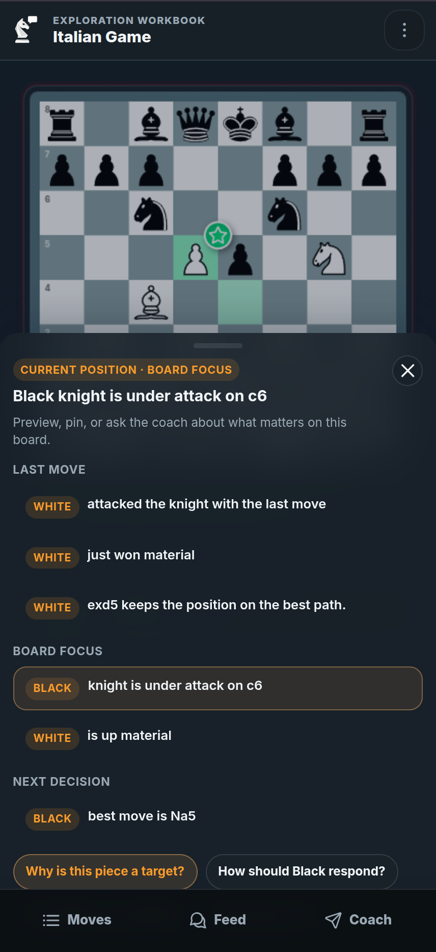 Chessfeed Insight Panel showing plans, threats, candidate moves, and next steps during position study