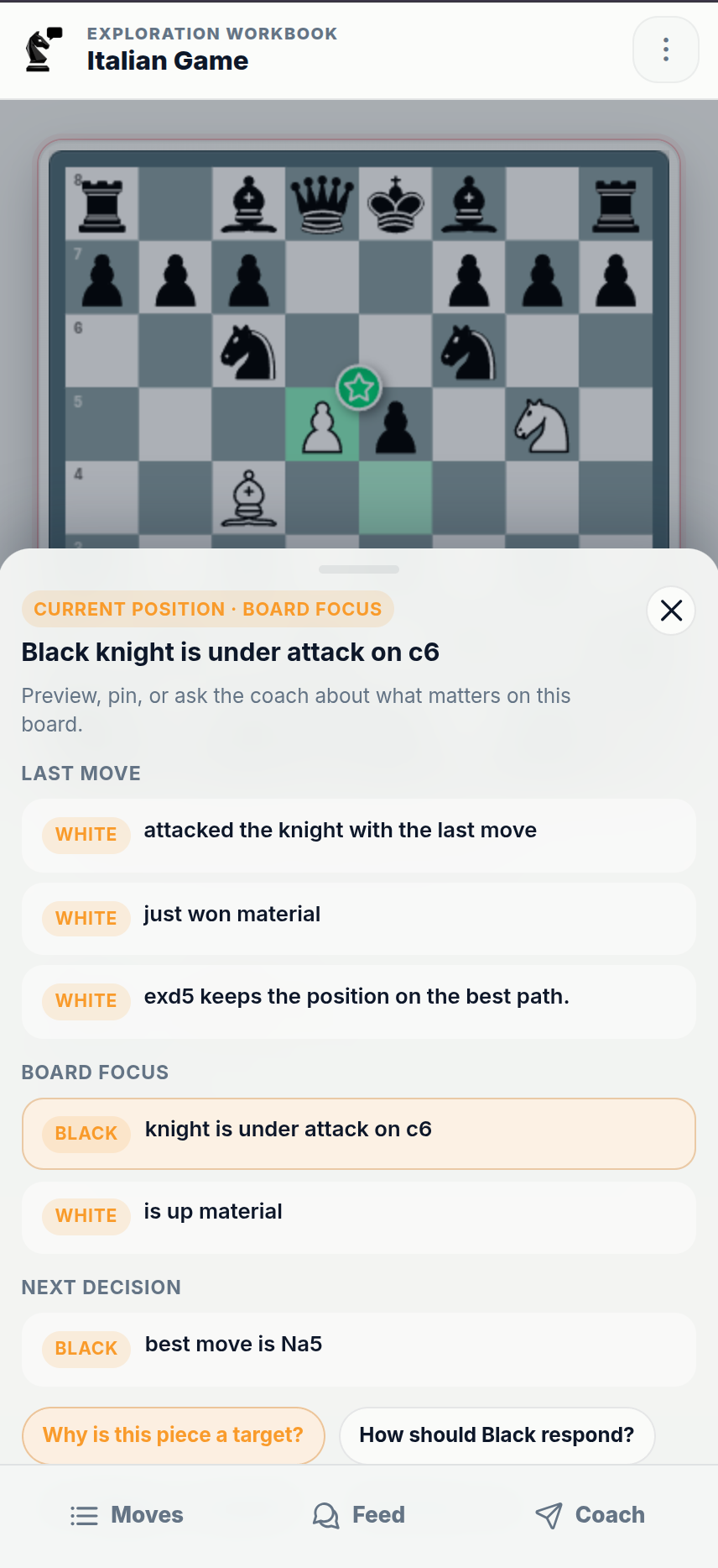 Chessfeed Insight Panel showing plans, threats, candidate moves, and next steps during position study