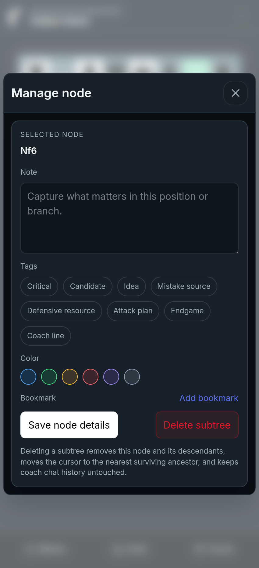 Chessfeed position management screen showing notes, tags, colors, and bookmarks for important positions