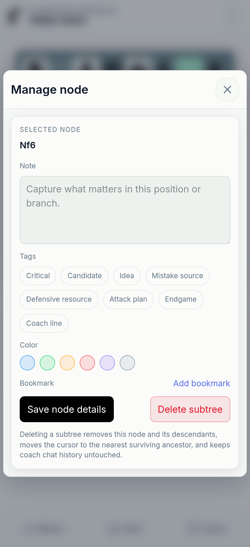 Chessfeed position management screen showing notes, tags, colors, and bookmarks for important positions