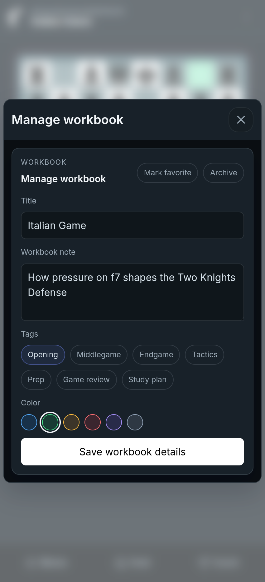 Chessfeed workbook management screen showing saved study context