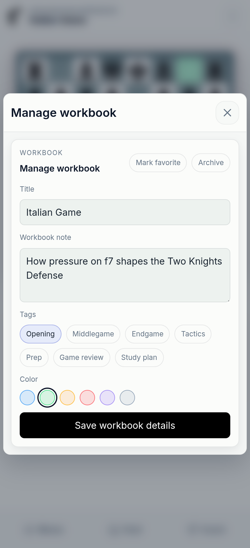 Chessfeed workbook management screen showing saved study context