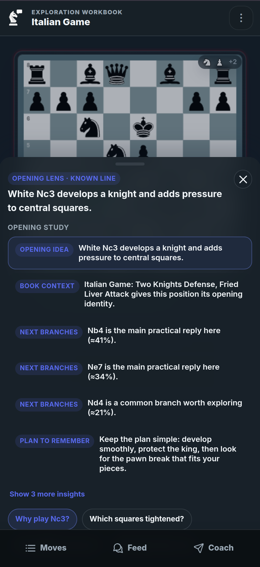 Chessfeed Opening Lens explaining Italian Game opening ideas on an exploration board