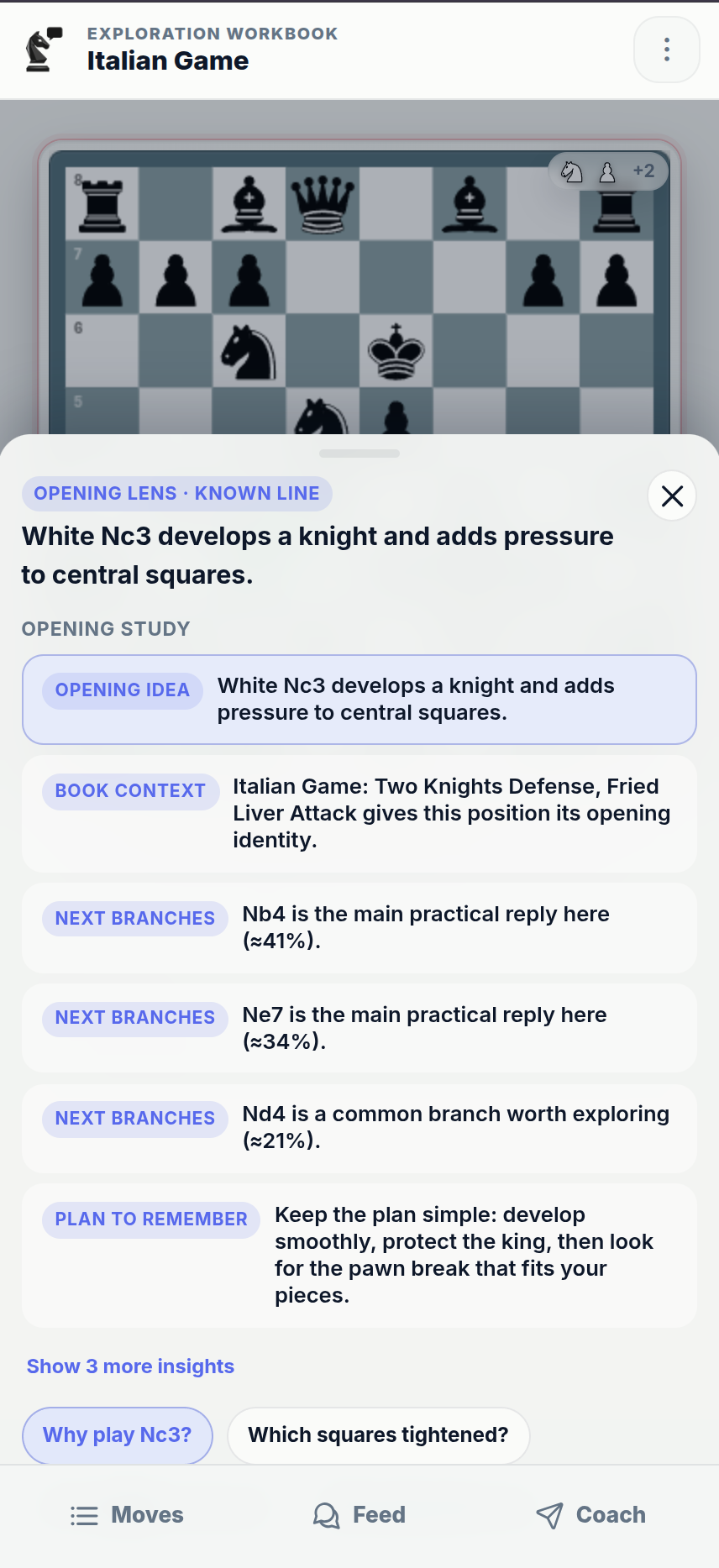 Chessfeed Opening Lens explaining Italian Game opening ideas on an exploration board